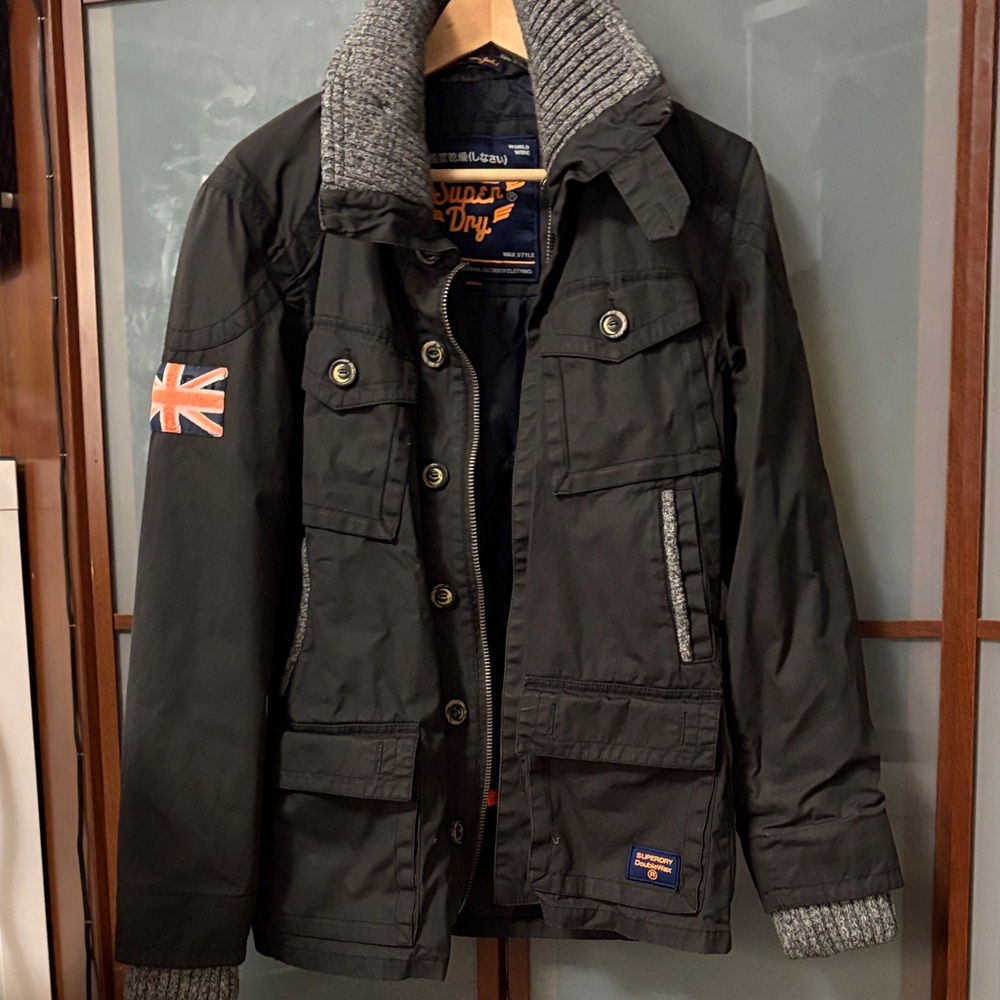 Superdry Men's Dark Olive Field Jacket with Knit Collar